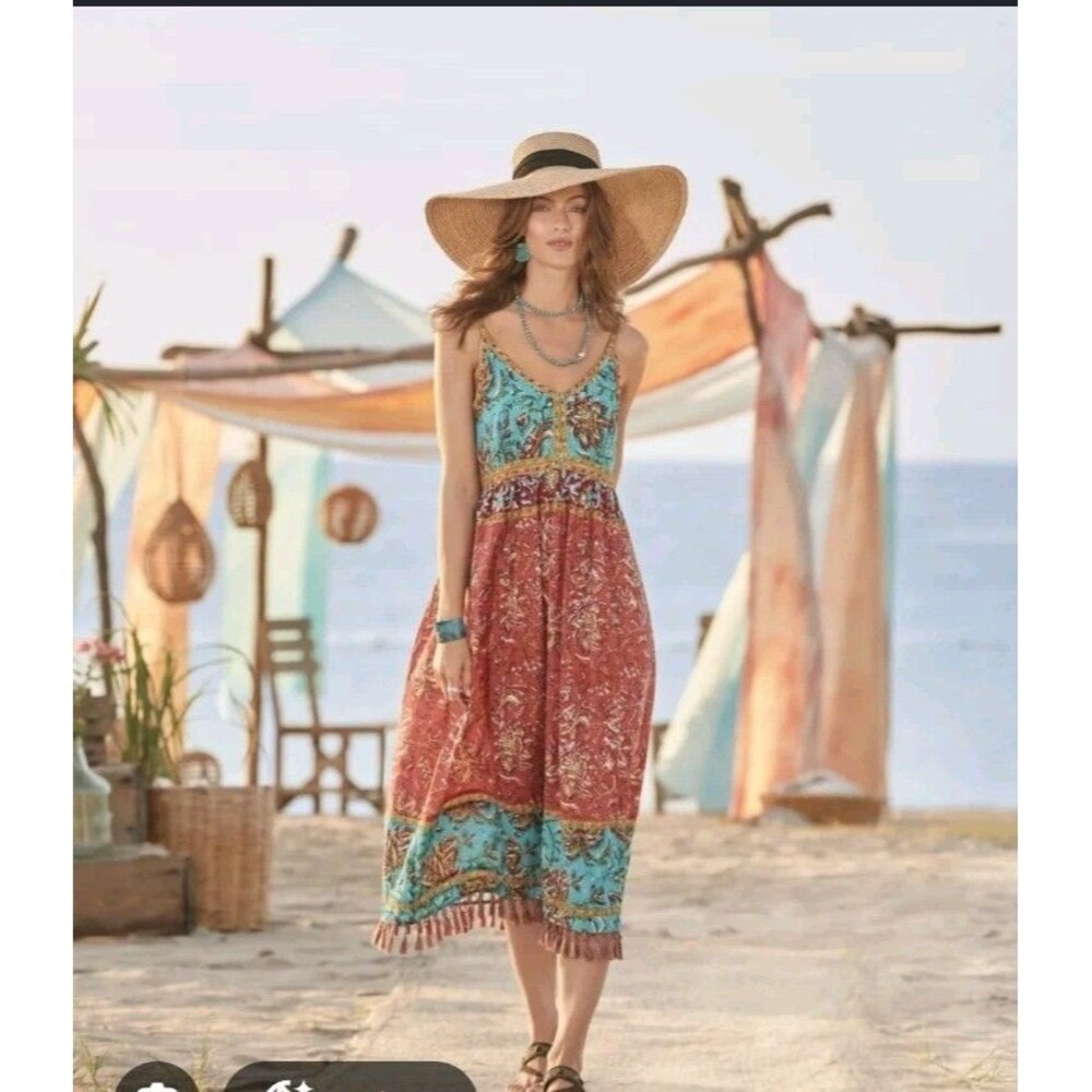 Sundance Boho Floral Maxi Dress Sz XL Tassel Trim Empire Waist NWOT Vacation